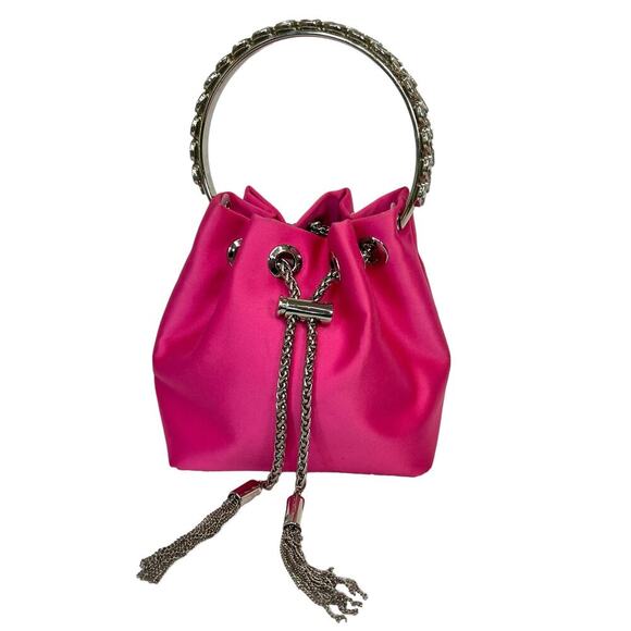 Sondra Robert’s Satin Drawstring Mini Bag Hot a pink Crystal Top Handle - Picture 1 of 8